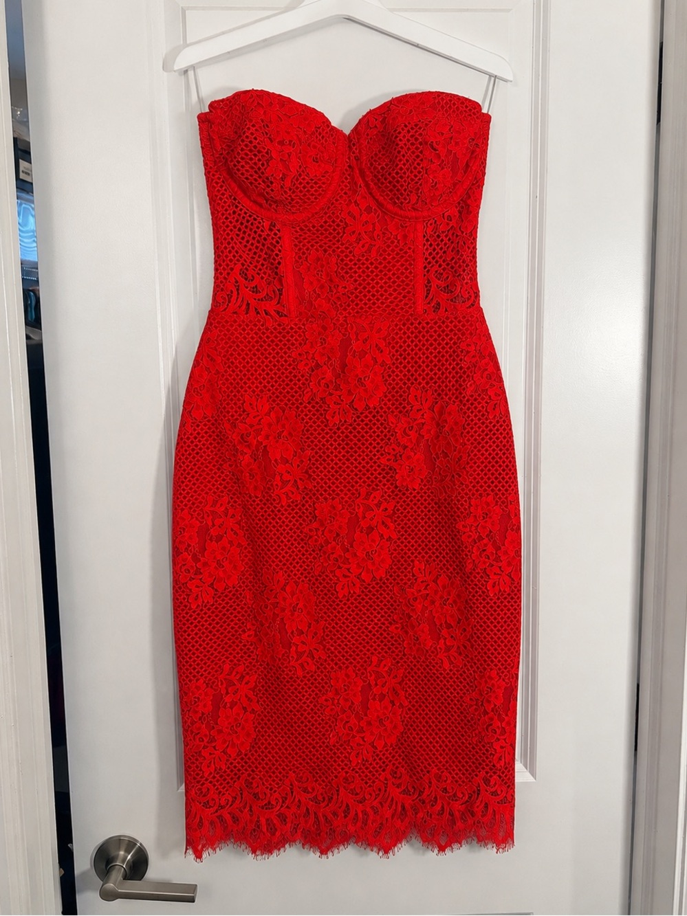 For Love & Lemons Garden Isle Lace Midi Dress Cherry Red Strapless M